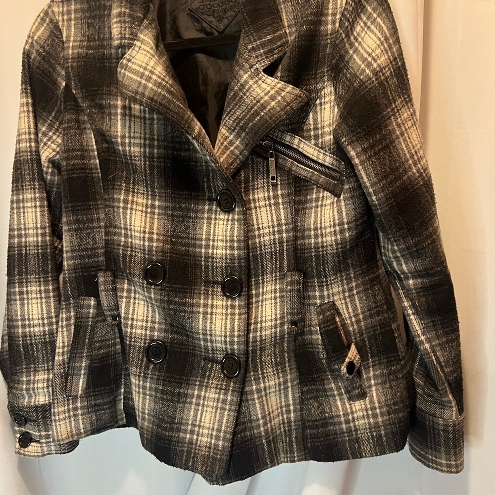 Jou Jou Black and Gray Pea Coat with Plaid Pattern - Picture 2 of 7
